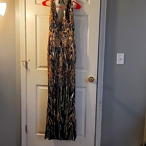 Formal Black Gold Sequined Dress Halter Style Size L